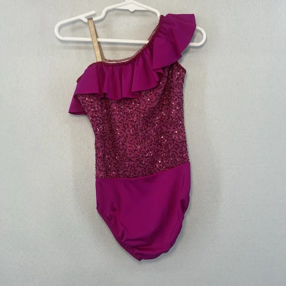 Kids One-Shoulder Dance Leotard Sequins Ruffled Neckline Pink Size Small Child - Picture 2 of 13